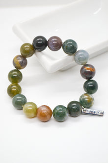 Tranquil Mind and Serenity White Rhodium Plate Bold 12mm Indian Agate Gemstone Stretch Bracelet