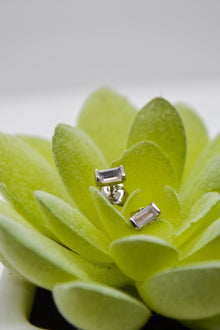 Matthew Collection White Rhodium East/West Rose Quartz Baguette Stud Earrings