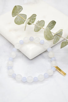 Hope and Faith 14K Gold Plate White Jade and Blue Lace Agate Stretch Bracelet