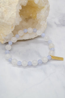Hope and Faith 14K Gold Plate White Jade and Blue Lace Agate Stretch Bracelet