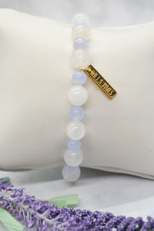 Hope and Faith 14K Gold Plate White Jade and Blue Lace Agate Stretch Bracelet