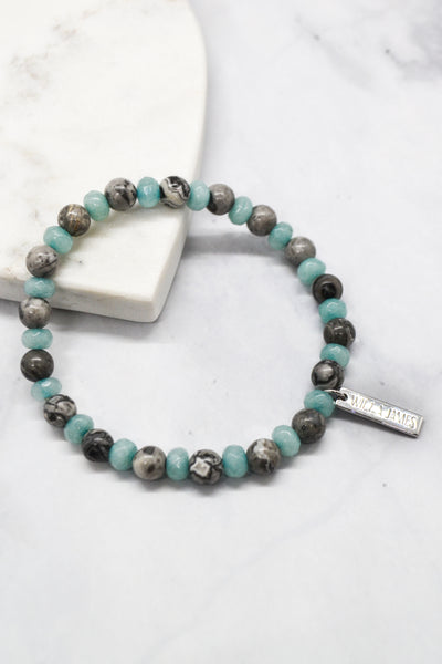 Motherhood Collection White Rhodium Plate Sterling Silver Amazonite and Grey Jasper Stretch Bracelet