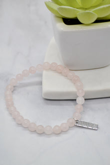 Love and Devotion White Rhodium Plate Polished Rose Quartz Stretch Bracelet