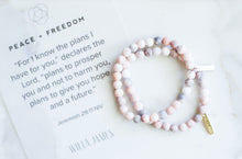 Peace and Freedom White Rhodium Plate Matte Pink Zebra Jasper Stretch Bracelet